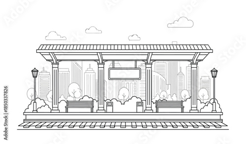 a detailed line drawing depicts a bus stop shelter with benches amidst a city skyline showcasing a simple yet elegant urban scene