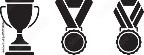 Trophy, Medal and Award Icons Set – Achievement, Winner, Champion and Success Symbol Vector Illustration