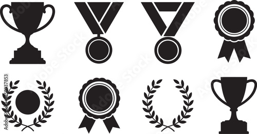 Trophy, Medal and Award Icons Set – Achievement, Winner, Champion and Success Symbol Vector Illustration
