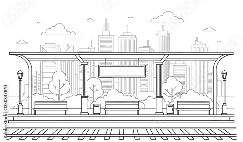 a detailed line drawing depicts an empty bus stop with a city skyline in the background showcasing transportation infrastructure and urban scenery