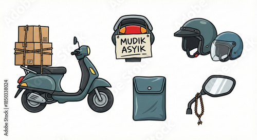 Transportation and Travel Elements Scooter, Luggage, Helmet, and Mirror Icons