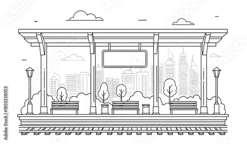 a detailed black and white line drawing depicts an empty bus stop with a city skyline visible in the background featuring benches and street lamps