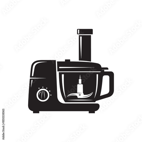Food Processor Icon in Simple Monochrome Style with White Outline on Black Background for Kitchen Appliance