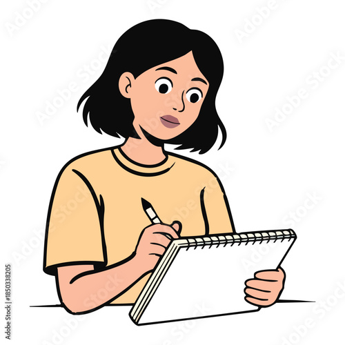 Illustration of young woman with short black hair drawing or writing in a sketchbook with a pen