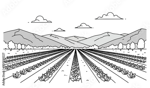 a simple black and white line drawing depicts a rural landscape featuring rows of crops distant mountains and a few scattered clouds in the sky