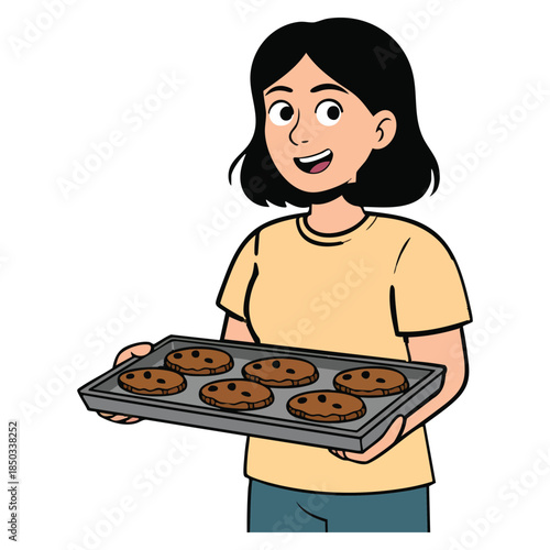 Illustration of woman holding a baking tray with freshly baked chocolate chip cookies