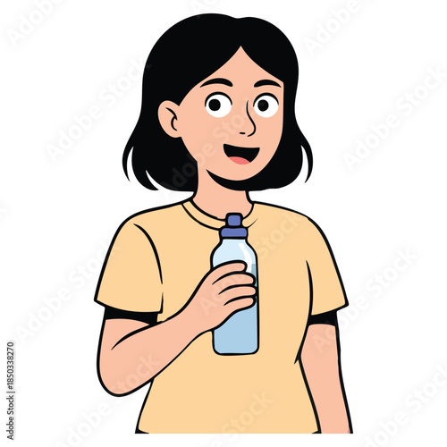 Illustration of woman holding a water bottle, illustration of hydration and health