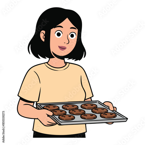 Illustration of woman holding a tray of freshly baked chocolate chip cookies