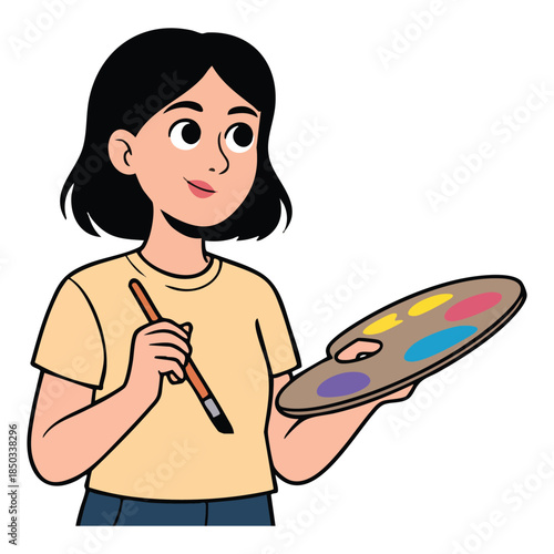 Illustration of young female artist holding paint palette and brush ready to create art