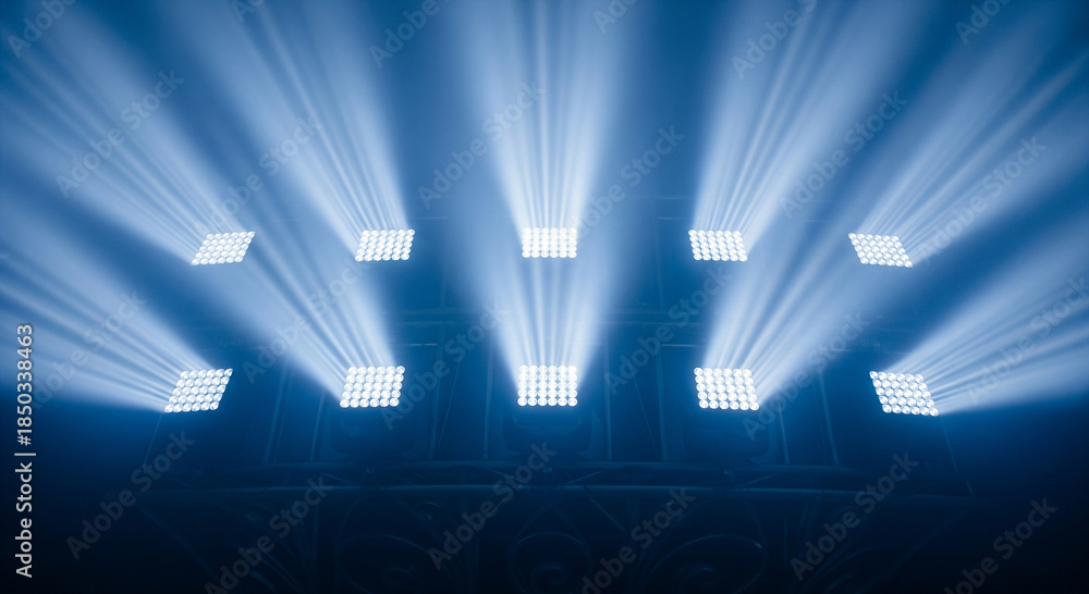 Obraz premium Powerful stadium floodlights casting blue beams through the night mist, perfect for football match banners and sports event plans