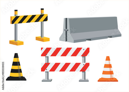 Set of construction barriers vector illustration, traffic cones and road blocks collection
