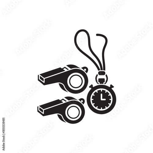 Whistles and Stopwatch in Simple Monochrome Design on White Background for Sports Timing