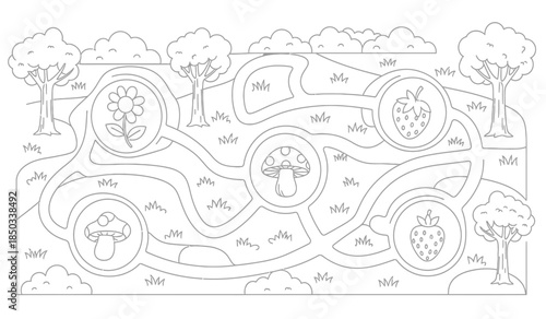 a whimsical black and white line drawing depicts a maze design with trees flowers mushrooms and fruits as visual elements high quality professional