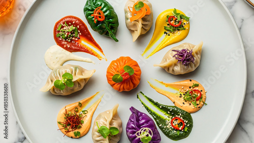 Culinary Symphony: An artful arrangement of vibrantly colored dumplings adorns a pristine plate, each paired with a unique, delectable sauce that invites you to savor a world of flavors. 
