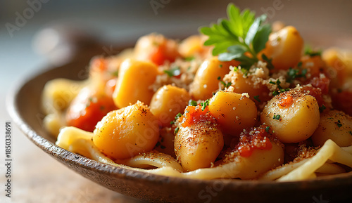 Culinary Creation: A close-up shot of a flavorful pasta dish in a rustic bowl. The pasta, bathed in a vibrant tomato sauce, is garnished with fresh parsley