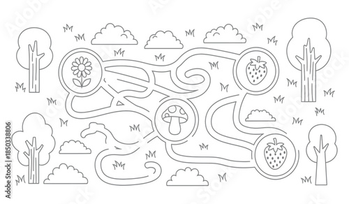 a simple black and white line drawing depicts a winding pathway through a whimsical landscape with trees flowers and fruit high quality professional