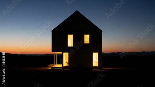 Twilight Silhouette: A modern architectural marvel stands silhouetted against a twilight sky, its warm interior lights glowing invitingly.