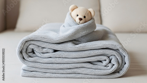 Cozy Comfort: A soft teddy bear, wrapped in a plush gray blanket, rests peacefully, evoking a sense of warmth and security.