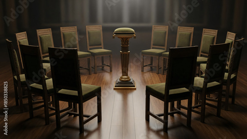 Meeting of Minds: A circle of chairs surrounds a central podium, bathed in a soft glow, symbolizing dialogue and unity.
