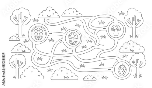 a whimsical black and white illustration depicts a winding path through a forest landscape featuring trees clouds mushrooms and berries creating a playful maze
