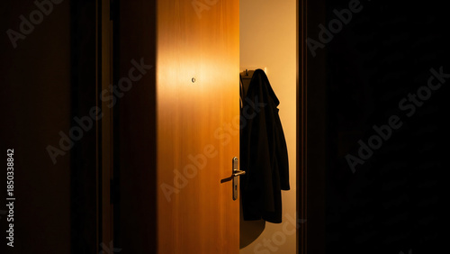 Silhouette of a man standing in an old door next to a fashion model wearing a black beauty dress and coat