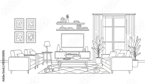 a minimalist living room illustration features a sofa armchairs a television a window and various decorative elements in a clean line art style