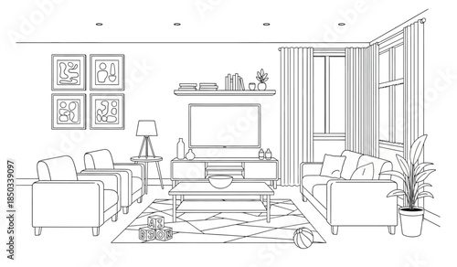 a minimalist living room design showcases a comfortable seating arrangement featuring sofas artwork a television and decorative elements in a clean aesthetic