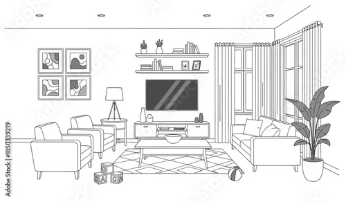a modern living room interior design features a television sofa armchairs artwork plants and decorative shelving units offering a cozy atmosphere high quality