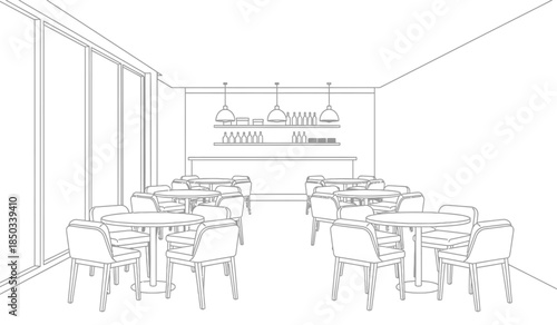 a minimalist interior rendering depicts a cafe or restaurant setting with tables chairs and a bar area with pendant lighting high quality professional