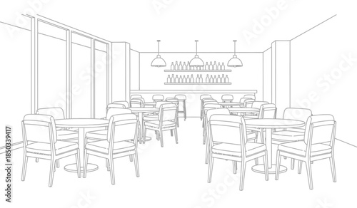 a minimalist line drawing depicts a modern cafe interior with tables chairs a bar and large windows providing ample light high quality professional