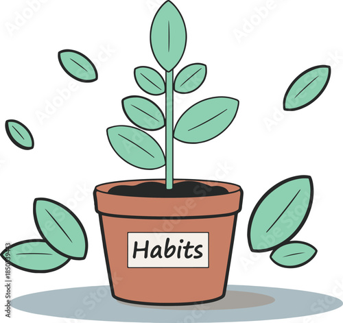 Green plant in pot labeled “Habits”, self improvement vector illustration
