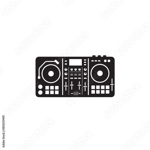 DJ controller in minimalist flat design with black and white color scheme on isolated white background for music production
