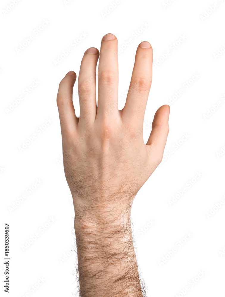Fototapeta premium Man showing palm on white background, closeup