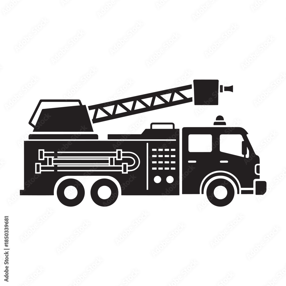 Fototapeta premium Fire Truck Silhouette in Modern Minimalist Style with High Contrast Black and White Color on Isolated White Background for Emergency Services