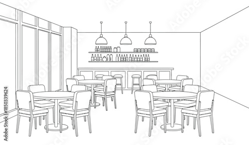 a minimalist sketch depicts a cafe interior with tables chairs and a bar area illuminated by hanging pendant lights and large windows