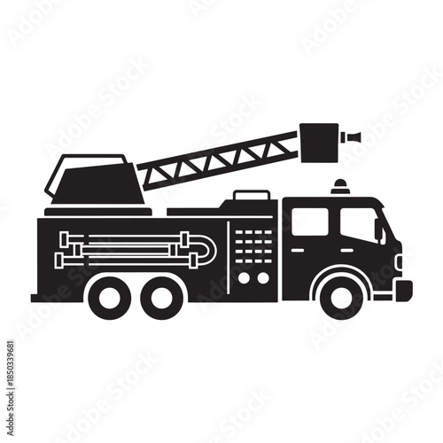 Fire Truck Silhouette in Modern Minimalist Style with High Contrast Black and White Color on Isolated White Background for Emergency Services