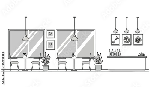 a minimalist interior design featuring a dining area with pendant lights framed artwork plants and a bar counter depicted in a simple line drawing style