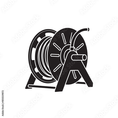 Hose Reel in Simple Line Art with Black Color on White Background for Industrial Use