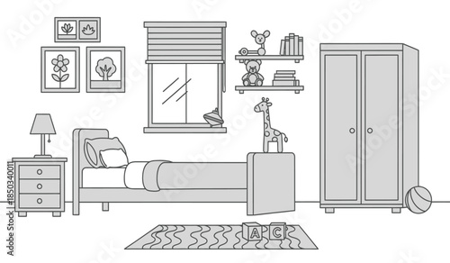 a simple illustration of a cozy children s bedroom featuring a bed wardrobe bookshelf and decorative elements like framed artwork and stuffed animals