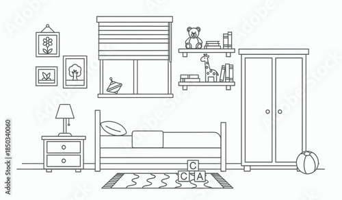 a simple line drawing depicts a child s bedroom showcasing a bed wardrobe window with blinds shelves and decorative elements creating a cozy space