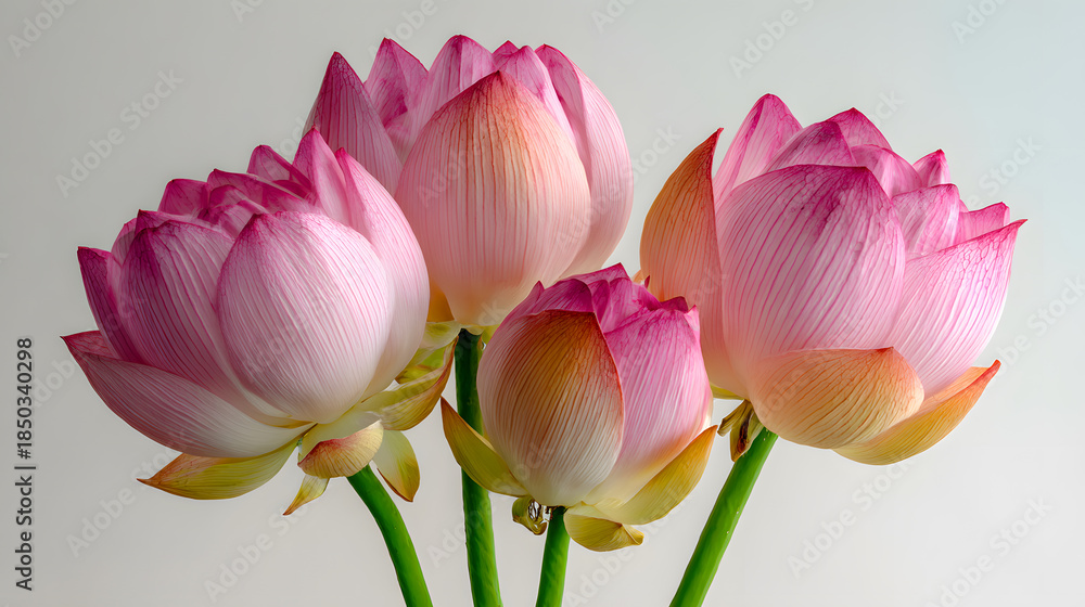 Fototapeta premium Unopened pink lotus flowers bouquet light background