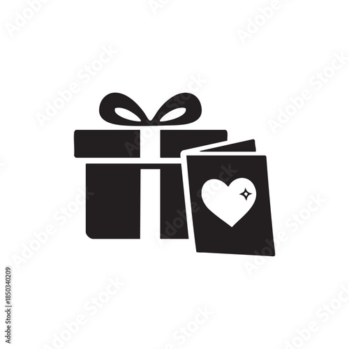 Black and white gift box with ribbon and greeting card with heart icon vector illustration for gifts and holiday presents