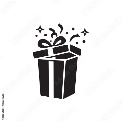 Black and white gift box icon with open lid and confetti festive holiday present vector illustration