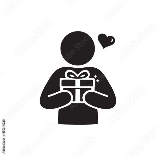 Happy person holding gift box with heart icon black and white vector illustration for holidays and celebrations