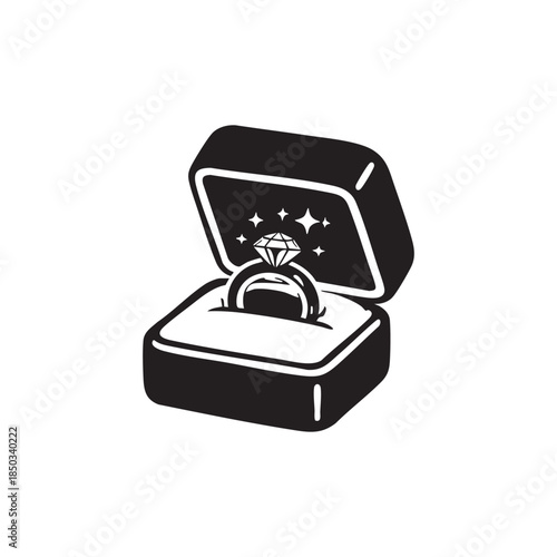 Black and white vector illustration of diamond engagement ring in gift box for romantic holidays and special occasions
