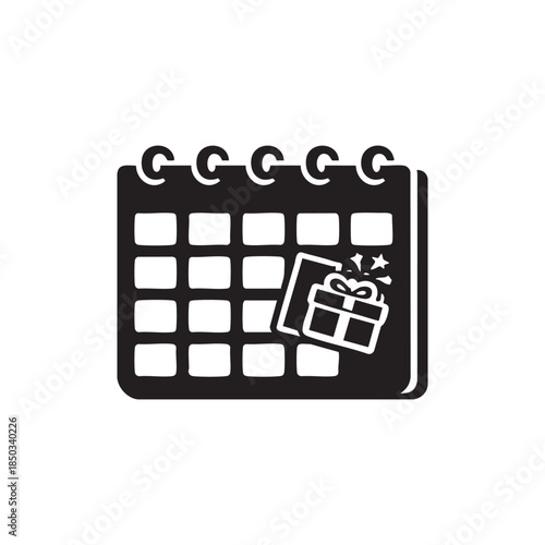 Gift event date calendar icon black and white vector illustration for holiday presents and celebration planning