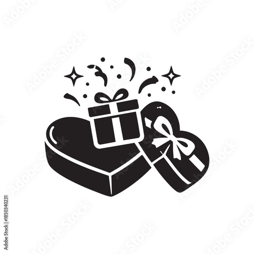 Black and white vector illustration of holiday gift boxes and heart shaped presents with confetti celebration