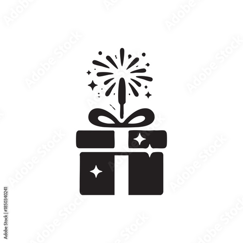 Black and white gift box with ribbon and sparkling firework festive holiday present vector icon