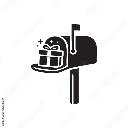 Black and white mailbox with gift box delivery holiday present icon vector illustration