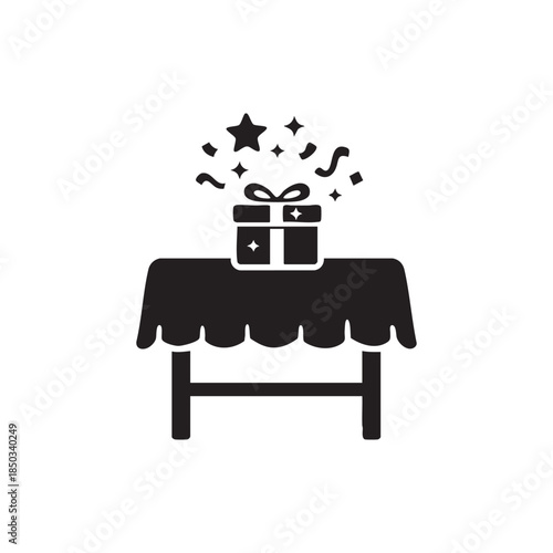Black and white gift box on table with confetti and stars festive holiday present vector icon